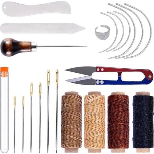 LMDZ 22 Pcs Leather Sewing Tools, Leather Working Tools with Folder Paper Creaser, Large-Eye Stitching Needles and Waxed