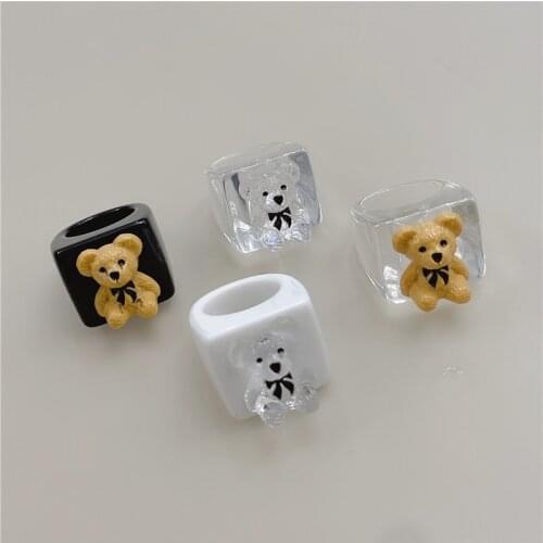 Cartoon Resin Acrylic Geometric Square Bear Rings Finger Ring for Women Girls Travel Jewelry Diameter:2.5cm