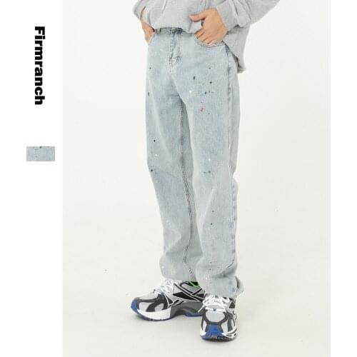 Firmranch 2021 Men Jeans Splashed Paint Loose Straight Leg Long Jeans Japanese&Korean Hip Hop Style Vintage 90s Denim Jeans