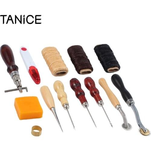 TANiCE 14Pcs Leather Craft Tools Kit Hand Stitching Sewing Thread Awl Thimble DIY Repair Tool Set Best Gift For Clothes Designer