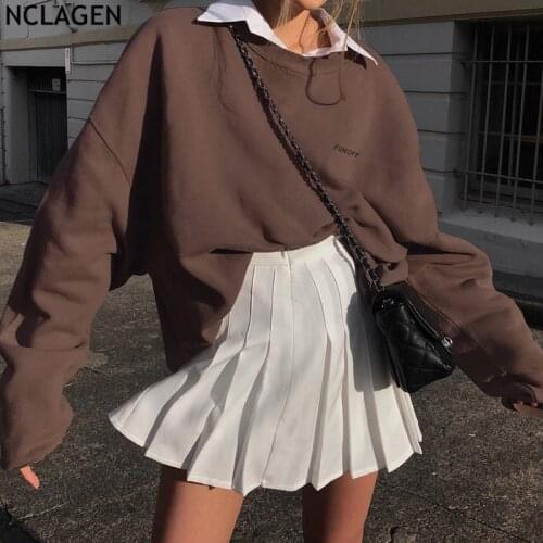 NCLAGEN Women Sweatshirts Letter Print Long Sleeve Loose Casual Pullovers 2021 Vintage Brown Harajuku Athleisure Hoodies Clothes