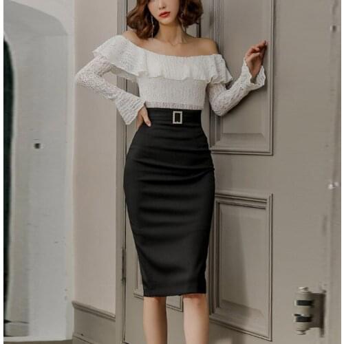 New 2 Pieces Set Women Summer Slash Neck Lace Shirts Top And High Waist Bodycon Pencil Skirts Korean Chic Office Lady Suit