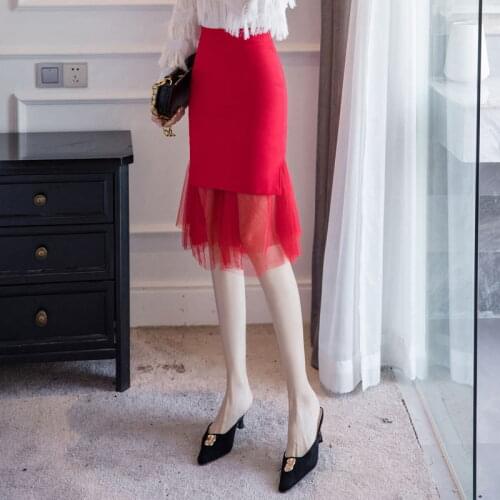 New Plus Size S-5xl Mesh Patchwork Womens Skirt Good Elastic Waist Black Skirt Korean Office Women Sexy Midi Skirts Jupe Femme