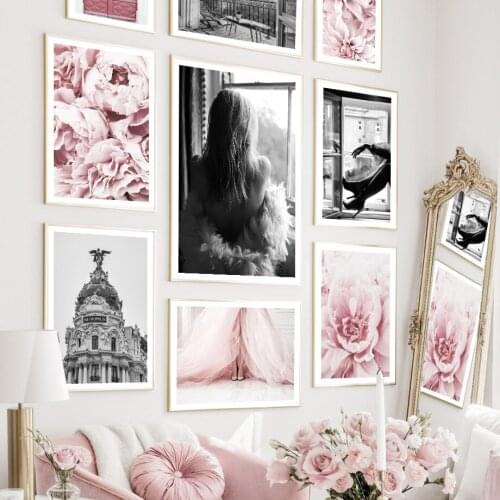 Window Girl Pink Peony Flower Dress High Heels Wall Art Print Canvas Painting Nordic Poster Wall Pictures For Living Room Decor