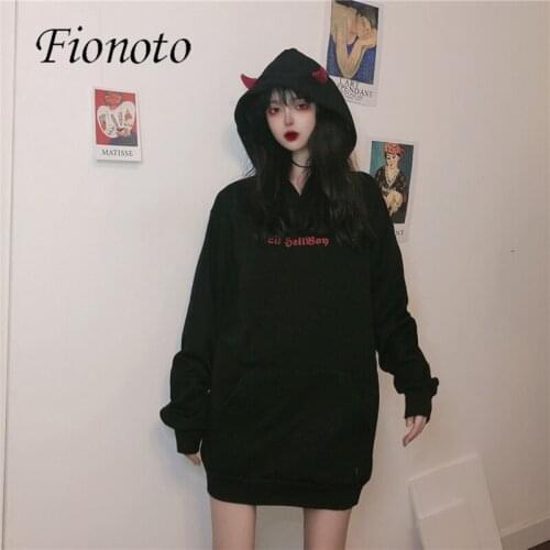 Fall Spring Women Letter Sweatshirts High Street Harajuku Cute Hoodies Punk Gothic Devil Horn Chic Hooded Pullover Loose Top
