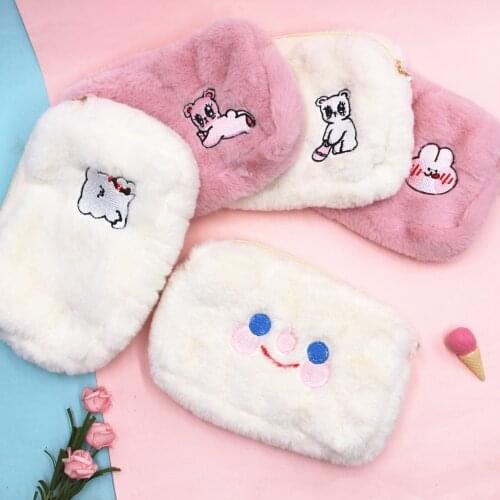 Cartoon Bear Embroidery Plush Bag Girl Pearl Cosmetic Bag Student Soft Pencil Makeup Storage Organizer Pouch Cute Clutch Handbag
