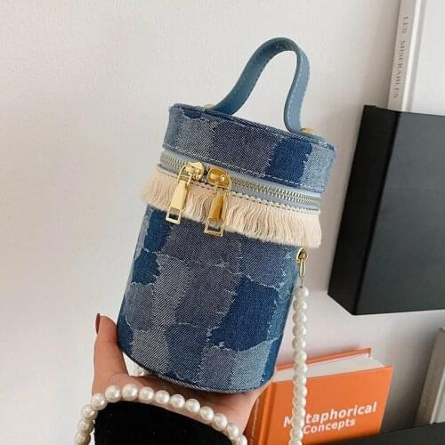 Casual Denim Cylinder Handbags for Women 2021 New Barrel-shaped Shoulder Messenger Bag Fashion Pearl Strap Bucket Bag for Women