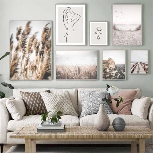 Reed Wheat Plant Wall Art Poster Women Figure Line Drawing Print Beach Sea Mew Architecture Landscape Canvas Painting Home Decor