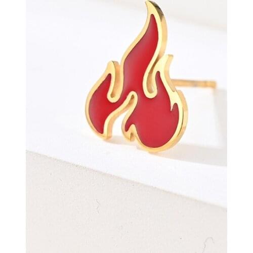 Punk Hip Hop Cool Stainless Steel Red Flame Earrings For Men Women Unisex Ear Stud Jewelry Gift 2021 Trendy