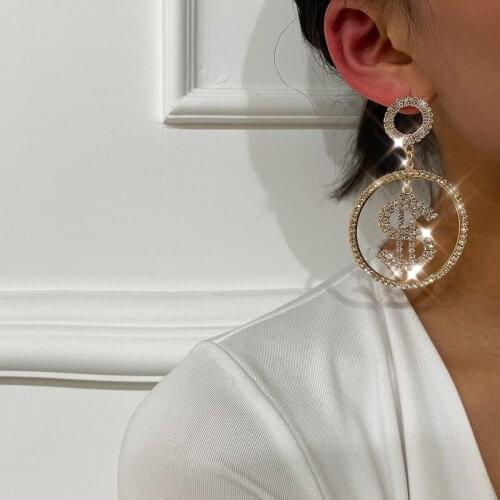 Unique Dollar Rhinestone Dangle Earrings for Women Big Round Shape Money Crystal Earrings Fashion Holiday Party Jewelry Gift