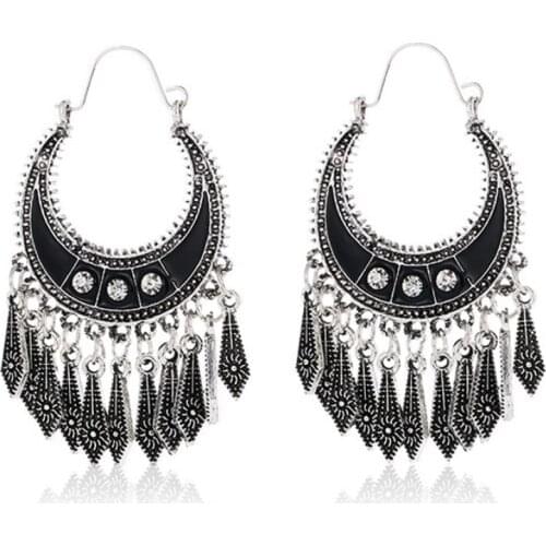 Ethnic Style Vintage Dangle Earrings For Women 2021 Bohemian Temperament Black Diamonds Tassel Statement Earrings Indian Jewelry