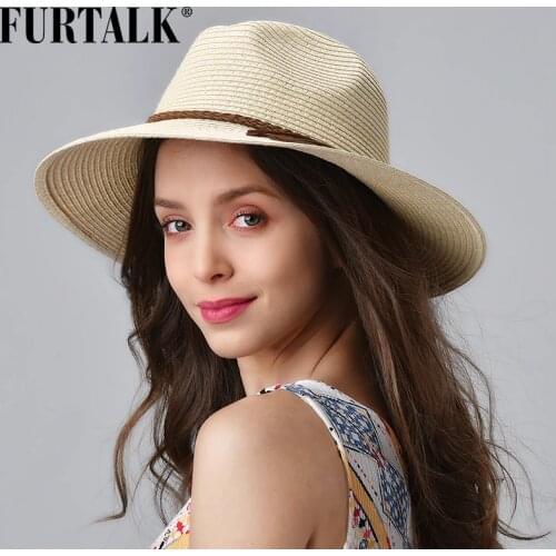 FURTALK Summer Straw Hat for Women Panama Beach Hat Bucket Sun Hats Female Summer Big Brim UV Protection Cap chapeau femme 2020