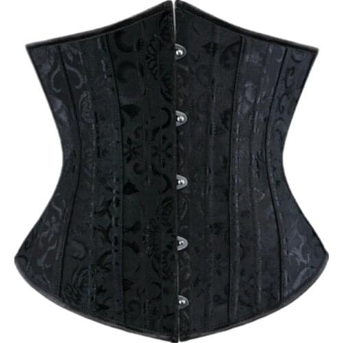 Womens 26 Steel Bone Steampunk Sexy Satin Jacquard Floral Underbust Corset Black/White Abdomen Waist Clip