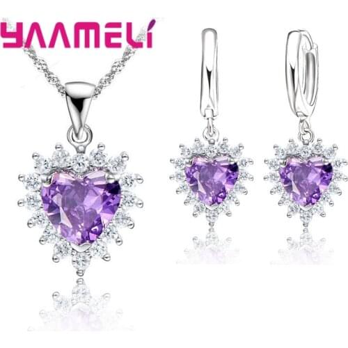 Princess Engagment Bridal Jewelry Sets 925 Sterling Silver Cubic Zirconia Heart Pendant Necklace Earrings Woman Accessioes Gifts