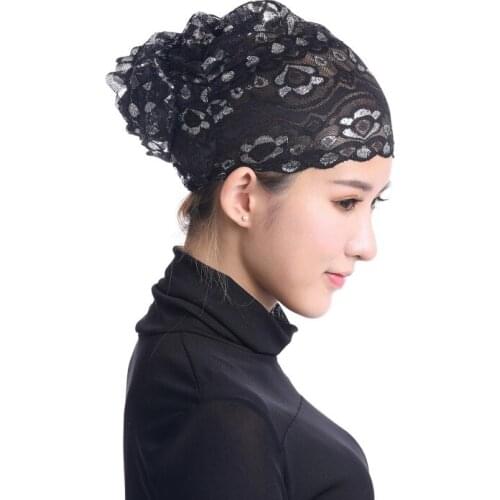 12 Colors Muslim Women Islamic Lace Flashing Floral Headwear Amira Inner Hijab Cap Turban Bonnet Underscar Islam Hijab W4