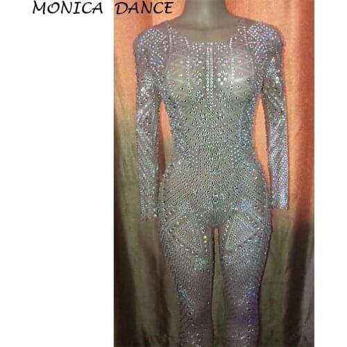Women Mesh See Through Sparkly Bodysuit Rhinestone Long Sleeve Jumpsuit Evening Birthday Celebrate Costume Perspective Jumpsuit