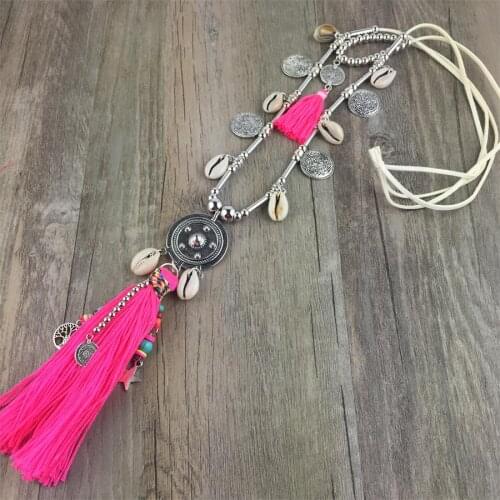BOHO Chic Cotton Tassel Long Strand Silver Bead Necklaces For Women 2018 Exotic Metal Round Dream Catcher Necklace