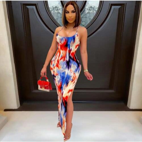 Summer New Tie Dyed Printed Long Vacation Vestidos Womens Straps Camisole Dress Open Back Side High Split Bodycon Sexy Dress