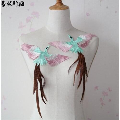 1Pair Polyester Bird Embroidery Collar Flower Clothes Decoration Accessories Phoenix Embroidery Patch Trim Lace Decals 25X20cm