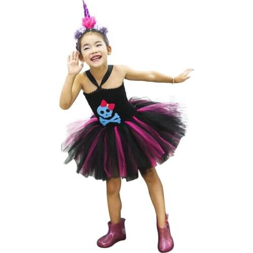 Black Scary Skull Pattern Toddler Girls Unicorn Dress Rock Star Halloween Costumes for Girls Tutu Dress with Unicorn Headband