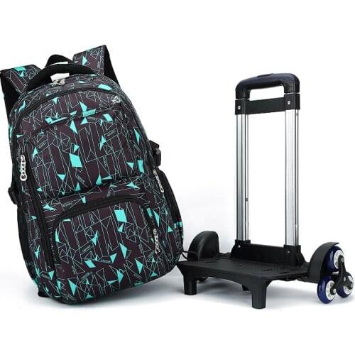 Geometric print kids Trolley Schoolbag Luggage Book Bag Backpack Latest Removable Children School Bags 2/6 Wheels Stairs Trolley