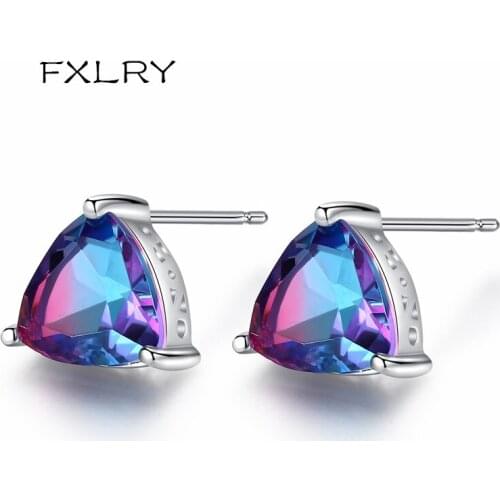 FXLRY high quality Rainbow CZ Stud Earrings For Women Geometric Triangle Stud Earrings For Women Wedding Jewelry