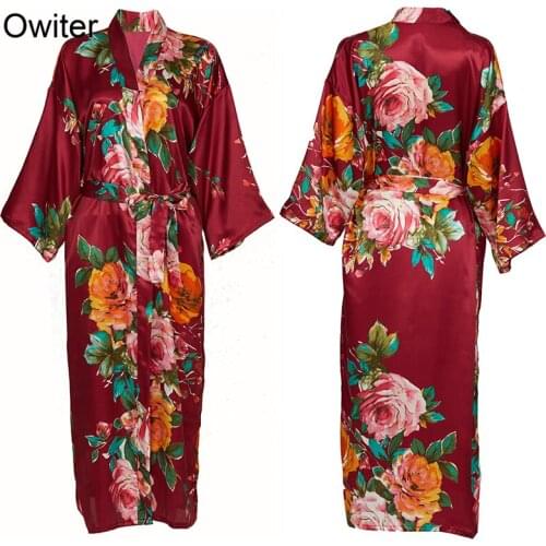 Owiter Peony Long Large Floral Robe Bride Kimono Bridesmaid Robes Silk Satin Bathrobe Night Party Dress Sleepwear Women Burgundy