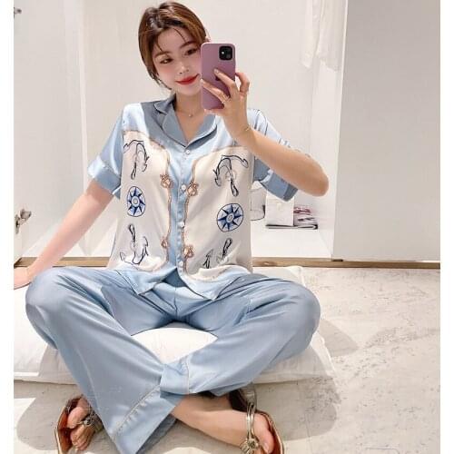 Short Sleeve Pajamas Set Women Summer 2PCS Sleepwear Blue Print Pijamas Suit Femme Loose Shirt&Pants Satin Loungewear