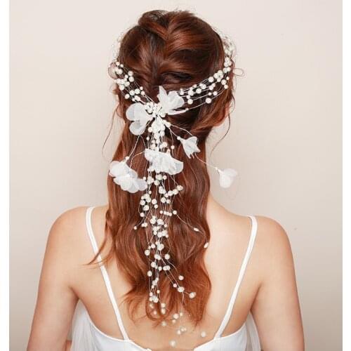 Korean style beautiful wreath headbands long style pearl white bride girls women wedding hair ornaments