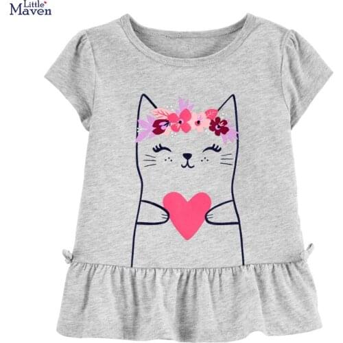 Little Maven New Summer Kids Gray Cat Heart Floral Printed O-neck Short-sleeved Cotton Knitted Girls Casual Tshirts Tops
