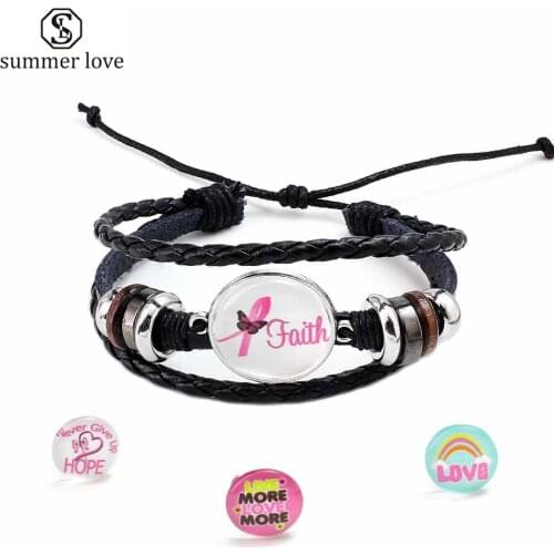 Handmade Multi Layer Leather Rope Braid Wrap Bracelet Hope Faith Love Glass Ball Charm Bracelets for Women Men Statement Jewelry