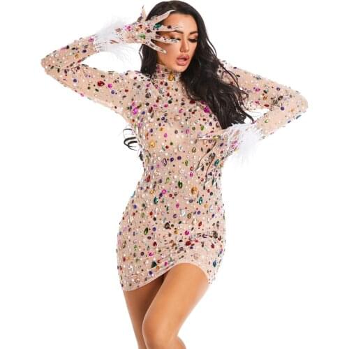 Fashion Sparkly Multicolor Rhinestones Fether Sleeve Short Dress Prom Gown Evening Sexy See Through Crystal Birthday Party Dress