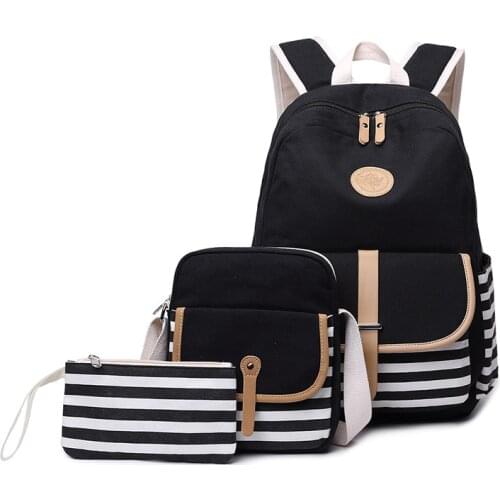 Fashion striped Canvas Backpack 3 Pcs/set Women School Backpacks street travel Schoolbag For Teenagers Student laptop Book Bag