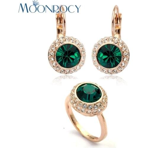 MOONROCY Green Crystal Crystal Ring and Earrings Jewelry Set Vintage Rose Gold Color for Women Girls Dropshipping Wholesale
