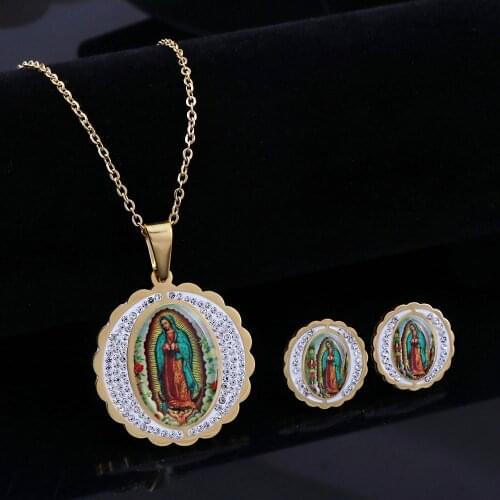 Necklace Set Catholic Pendant Exquisite Rhinestone Enamel Virgin Mary Necklace For Women Gift