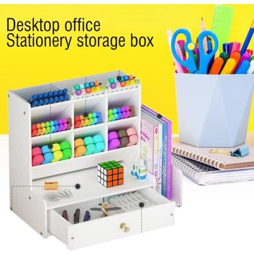 Inclined Wooden Pen Holder Fashion Desktop Office Storage Box with Drawer Pencil, Pen And Book Organizador Home Office Storage