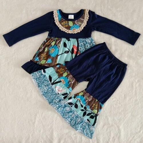 Wholesale baby girls fall leave fabric bird print long sleeve tunic top bell bottom pants patchwork design RTS clothing clothes