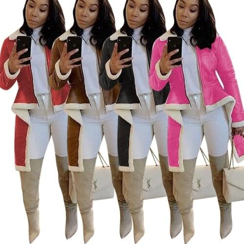Women Winter Sexy Casual Coats Faux Leather Female Fashion Turn-down Collar Full Sleeve Woolen Irregular Coat Shearling GL5127