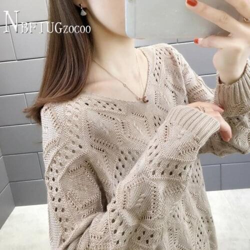 2020 Spring Summer New Korean Women Sweater Hollow Knitting V Neck Long Sleeve Female Sweaters