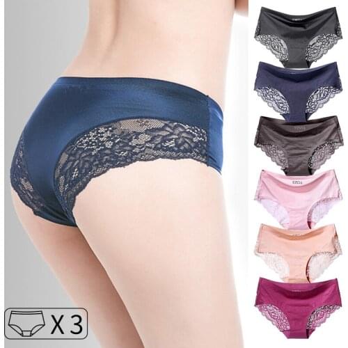 3Pcs Women Panties Seamless Underwear Ice Silk Lace Sexy Briefs Lace Soft Underpants Intimates Size M-XXL