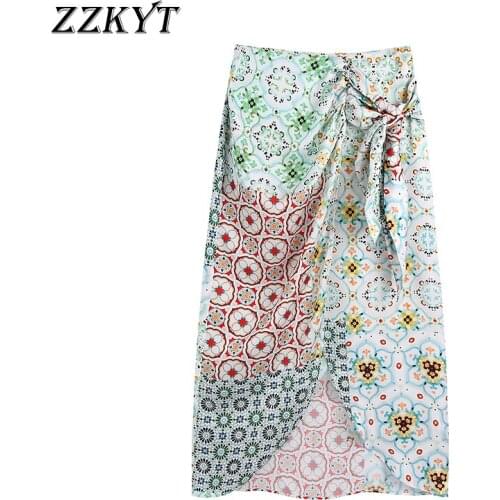 ZZKYT 2021 Women Summer Vintage Patchwork Print Midi Skirts Fashion High Waist Bow Tie Split Ladies Skirts Casual Vestidos Mujer