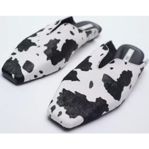ZAR 2021 Summer New Fashion Square Toe Flat Sexy Outer Wear Cow Pattern Leather Muller Lazy Sandals And Slippers Women Luxury