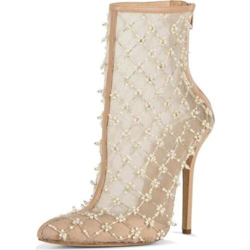 Shoes Woman Heels Flowers Decor Transparent Lace Ankle Boots Sexy Pointed Toe Thin High Heels Woman Dress Pumps Boots Big Size