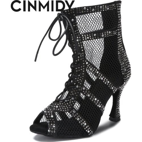 CINMIDY Black Fashion Sexy Dance Boots Latin Jazz Pole Dance Belly Dance Shoes Women Hollow Out Mesh High Heels