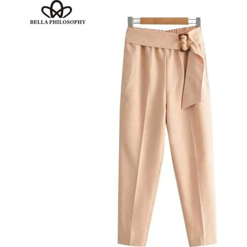 Bella Philosophy women stylish bow tie harem pants pockets casual female eastic waist chic ankle-length trousers pantalones