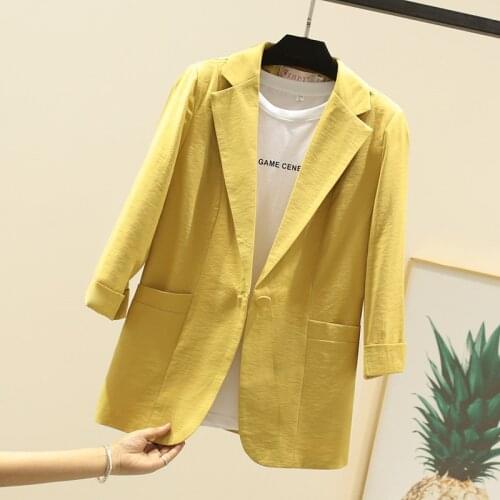 2020 New 7-Point Sleeve Linen Women Blazers And Jackets Small Suit Casual Slim Cotton White/Pink/Yellow/Black Small Suit Coat