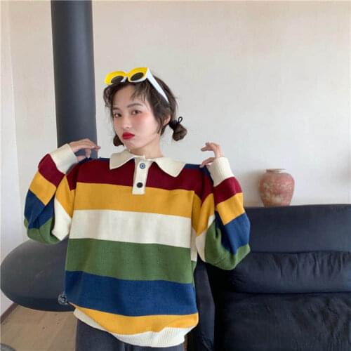 2021 Spring Winter New Women Sweater Japanese Fashion Pullover Korean Knitted Striped Oversize Harajuku Vintage Turn-down Collar