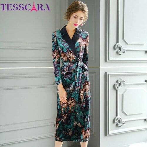 TESSCARA Women Autumn & Winter Elegant Velvet Blazer Dress Female Office Party Robe High Quality Vintage Print Designer Vestidos