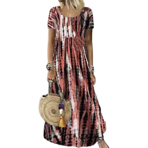 High quality 2021 new Women O Neck Tie Dye Short Sleeve Large Hem Maxi Dress Streetwear for Banquet Casual Tie Dye Dress