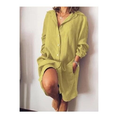 Autumn plus size 4xl long sleeve turn-down collar double pocket button up knee-length shirt dress 2021 yellow robe chemise femme